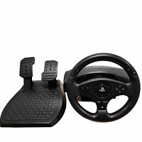 Front view of Thrustmaster T80 steering wheel and pedal set