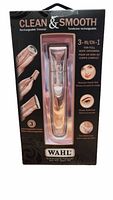 Front of sealed Wahl Clean & Smooth trimmer package showing product and features