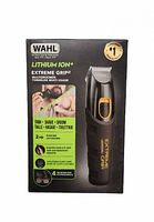 Front of retail box showing Wahl Lithium Ion+ Extreme Grip trimmer and feature list