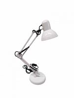 Full view of white metal adjustable desk lamp with weighted base and power cord