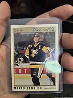 Front of 1992 O-Pee-Chee Premier Mario Lemieux card in protective sleeve