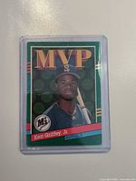 Front of Ken Griffey Jr. MVP baseball card in toploader