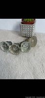 five fluted glass door knobs grouped on surface