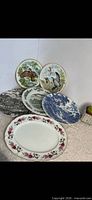 Group shot of all six plates and platter to show patterns and quantity