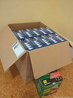 Cardboard carton with rows of blue-box A19 bulbs and green PAR20 pack visible