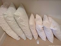 Seven white pillows lined against wall showing size differences and tag