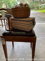 Overall view bench with sewing box, yarn basket and spool holder