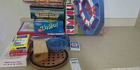 Main overview of all games, peg board, card decks, marbles
