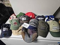 All 12 hats arranged on freezer