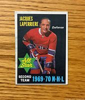 Front showing Jacques Laperriere in Canadiens uniform with All Star graphic