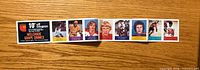 Front of uncut NHL sticker strip showing coupon and seven player images