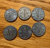 Six 1944 Canada Victory nickels reverse side