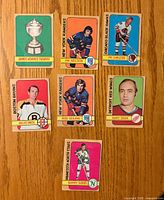 Front view of all seven 1972-73 O-Pee-Chee hockey cards