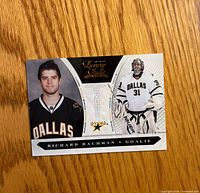 Front of Richard Bachman rookie card, portrait and action images, Dallas Stars, ROOKIE label