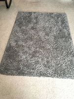 Full view of one gray shag rug on carpeted floor