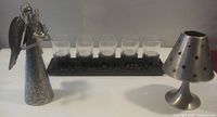 Full lot showing angel figurine, candle lamp, tray with six glass holders