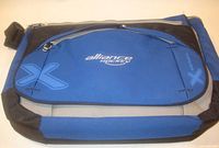 Front view of blue Whiteridge laptop case showing Alliance Hockey logo, X graphic and front zip pocket