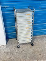 Full view of 10-drawer rolling cart against blue door