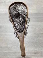 Full view of wooden trout net showing hoop, handle and wire mesh