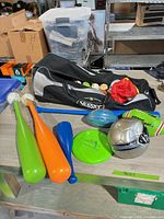 Entire lot showing bat bag, bats, balls and disc