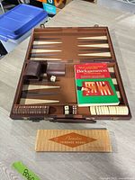 Both items together: open backgammon case with accessories and Pleasantime cribbage board box