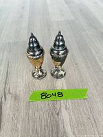 Front view of both shakers standing on floor showing overall form and tarnish