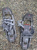 Top view of both MSR Evo Ascent snowshoes showing bindings and decks