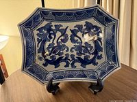 Front view of blue and white ceramic plate