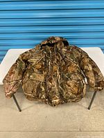 Full view of Remington camouflage hunting jacket laid flat on table