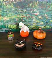 Front view of five Halloween figurines