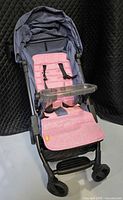 Front view of stroller showing blue canopy, pink seat liner, snack tray, wheels