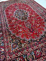 Full view of Mashhad Persian rug showing design and dimensions