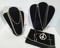 Overall view of necklaces displayed on two black necklace stands and bracelet on black tray