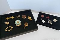 Overview of both trays showing brooch assortment