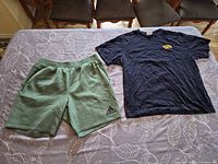Both clothing items laid out: Adidas shorts left, BBC T-shirt right