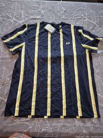 Full front view of striped navy polo shirt with tags attached