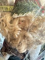Front view of Santa figurine showing resin face, synthetic hair, velvet outfit, and wreath, inside plastic bag