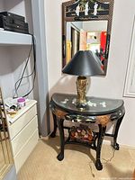 Console table, matching mirror, brass lamp with black shade