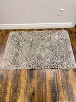 Rectangular gray shag rug on hardwood floor, full view