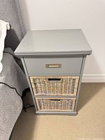 Front view of gray nightstand with drawers closed