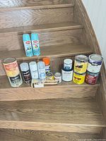 Overall view of all paint, stain, spray and brush items on step