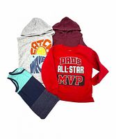 All four garments laid out: grey graphic hoodie, burgundy hoodie, red long-sleeve, aqua tank