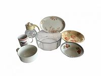 Group view of all seven vintage tableware items