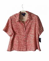 Front view of red and white Charter Club Woman short sleeve blouse on hanger