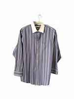 Front view of striped shirt with white collar on hanger