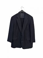 Front view of navy pinstripe jacket on hanger