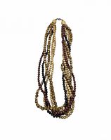 Full view of the multi-strand wooden bead necklace hanging