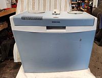 Front view of Mobicool blue/grey thermoelectric cooler