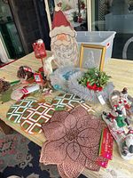 Overview of assorted holiday items on table