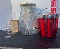 Group shot showing dispenser, ice bucket, three glass mushroom starters